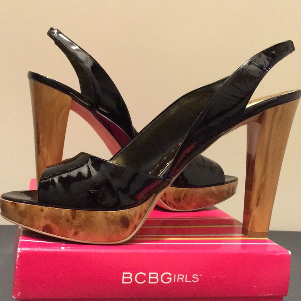 BCBGirls Black Patent Leather Peep-toe Slingbacks
